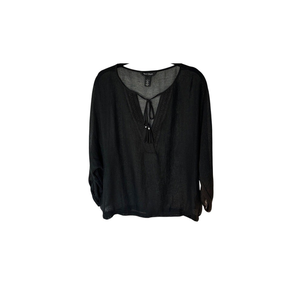 3/$20 💥 WHBM Sheer Black Blouse Embroidered V-Neck w/ Tassels
